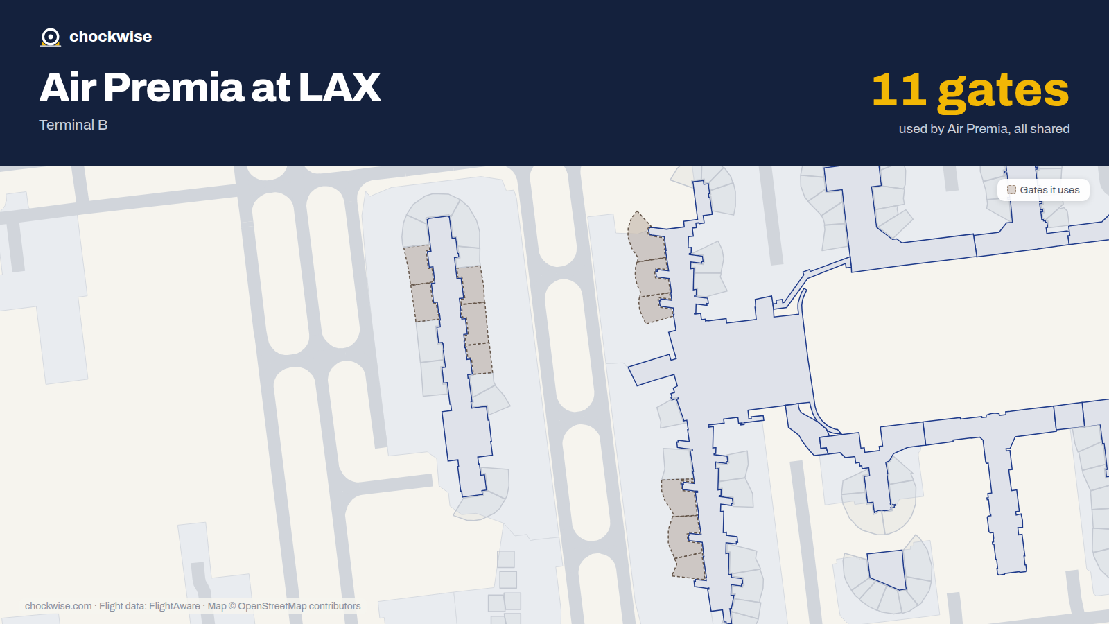 Map of LAX with the gates Air Premia uses highlighted: 130, 132, 134, 152, 154, 156, 203, 205 and 4 more.