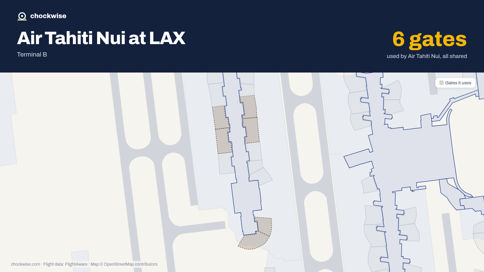Map of LAX with the gates Air Tahiti Nui uses highlighted: 204, 205, 206, 207, 221 and 225.