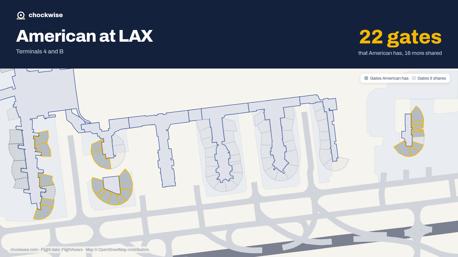 Map of LAX with the gates American Airlines uses highlighted: 41, 43, 46B, 46C, 48A, 48B, 48C, 49A and 14 more.