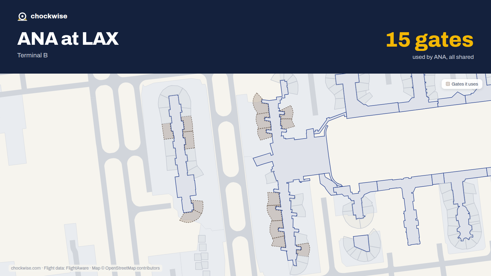 Map of LAX with the gates All Nippon Airways (ANA) uses highlighted: 130, 131, 132, 133, 134, 150, 152, 154 and 7 more.