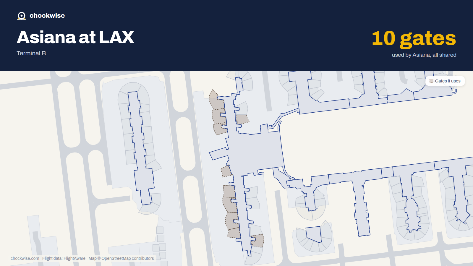 Map of LAX with the gates Asiana Airlines uses highlighted: 130, 131, 132, 134, 148, 150, 152, 154 and 2 more.
