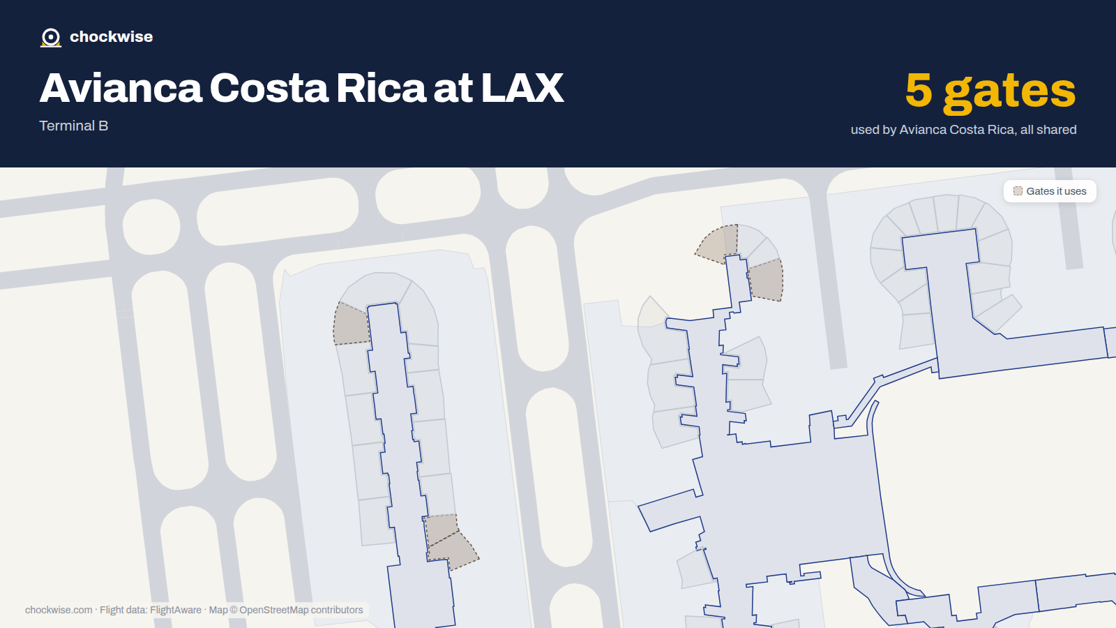 Map of LAX with the gates Avianca Costa Rica uses highlighted: 135, 141, 201A, 201B and 210A.