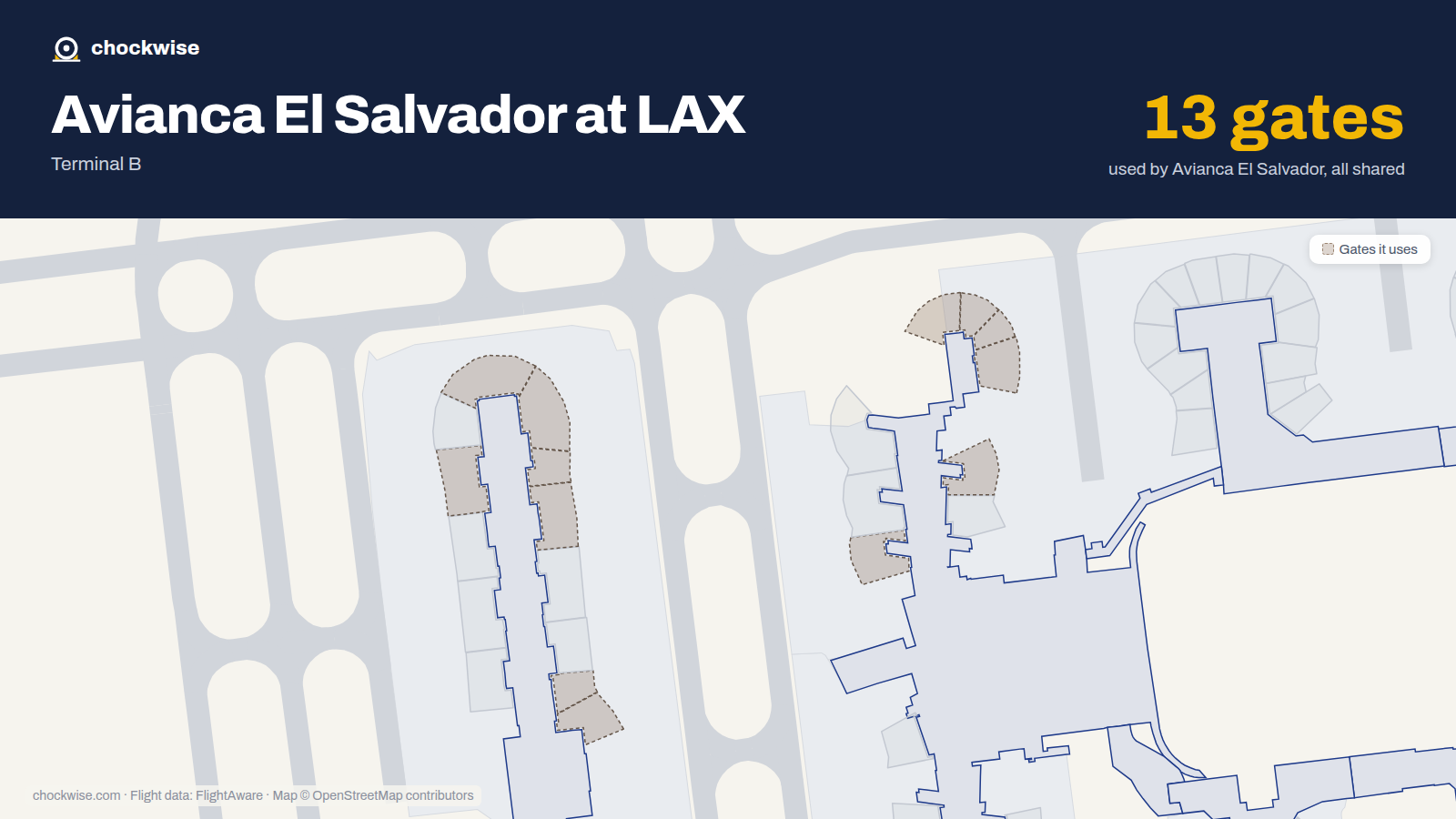 Map of LAX with the gates Avianca El Salvador uses highlighted: 130, 133, 135, 137, 139, 141, 201A, 201B and 5 more.