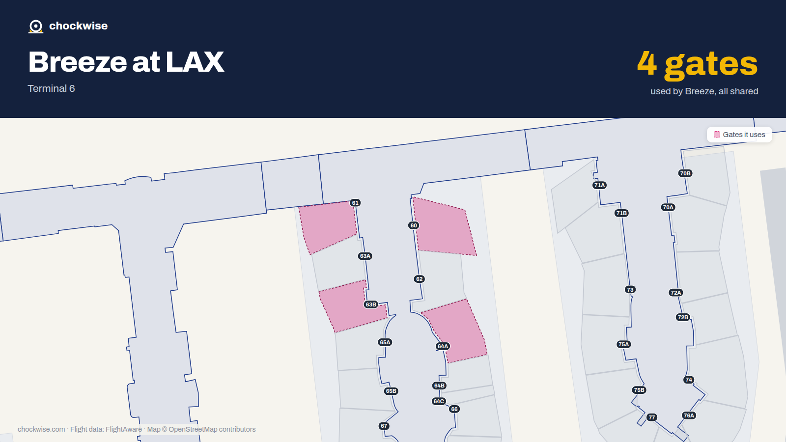 Map of LAX with the gates Breeze Airways uses highlighted: 60, 61, 63B and 64A.
