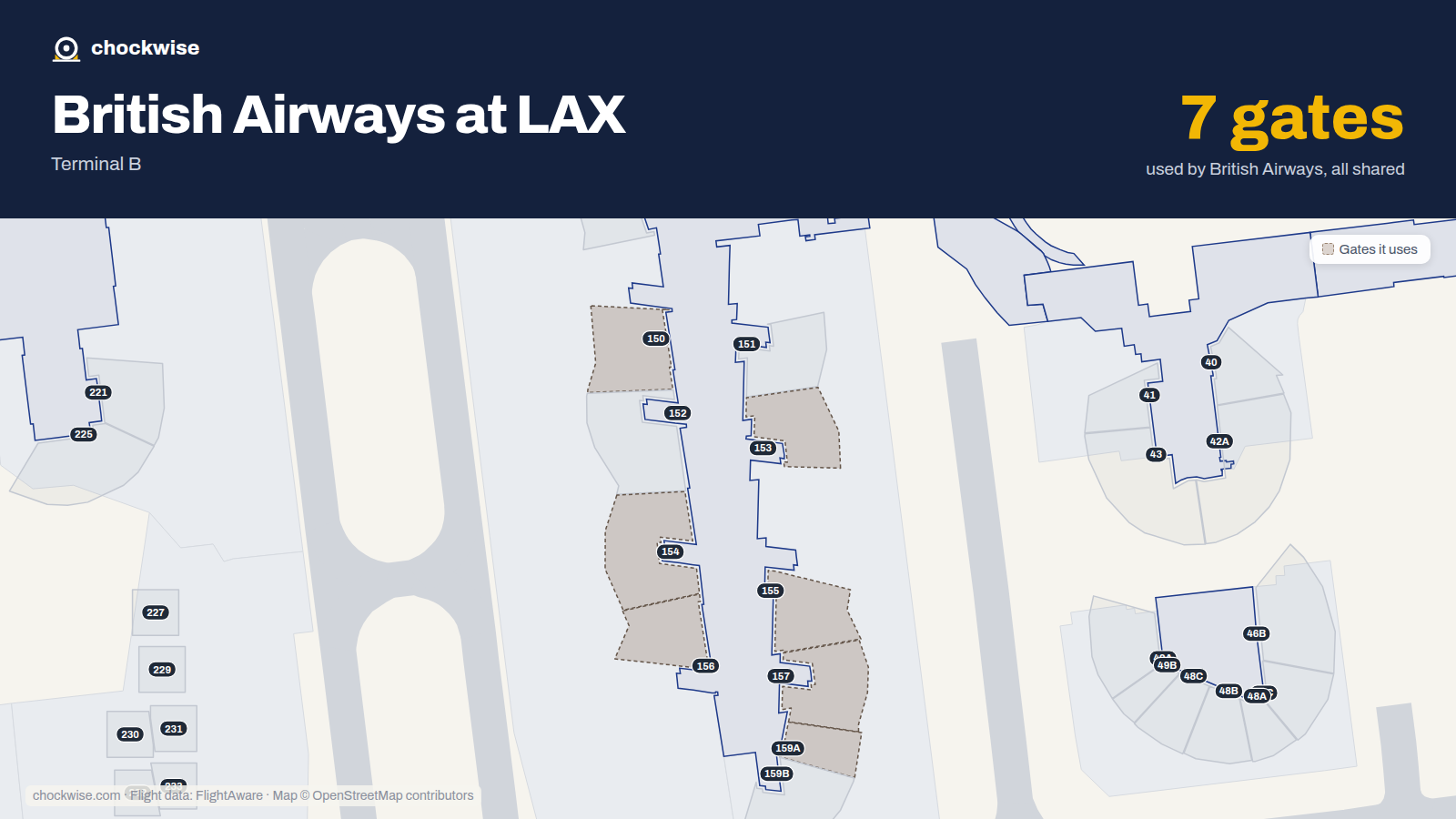 Map of LAX with the gates British Airways uses highlighted: 150, 153, 154, 155, 156, 157 and 159A.