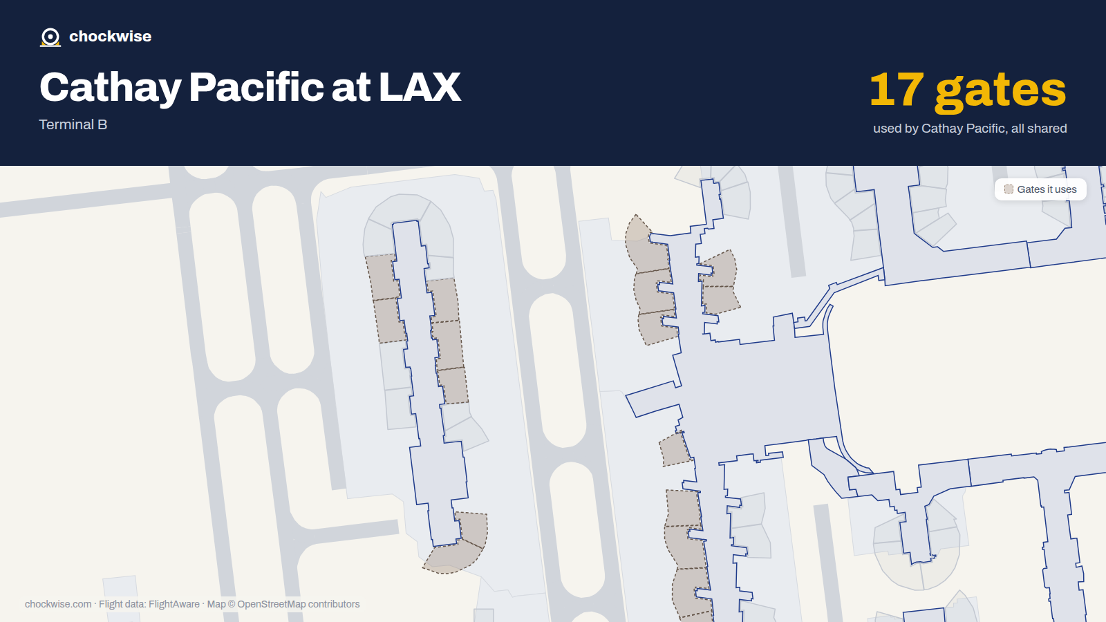 Map of LAX with the gates Cathay Pacific uses highlighted: 130, 131, 132, 133, 134, 148, 150, 152 and 9 more.
