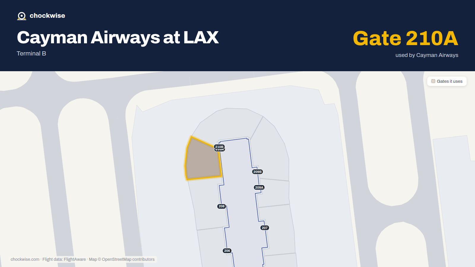 Map of LAX with the gates Cayman Airways uses highlighted: 210 and 210A.