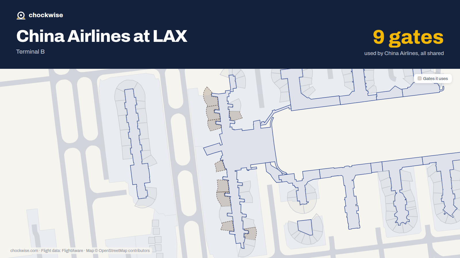 Map of LAX with the gates China Airlines uses highlighted: 130, 131, 132, 134, 148, 150, 152, 156 and 1 more.