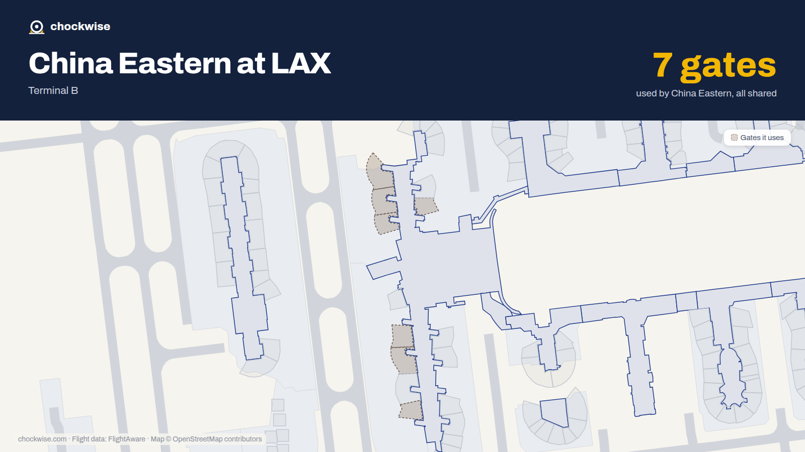 Map of LAX with the gates China Eastern uses highlighted: 130, 131, 132, 134, 150, 152 and 156.