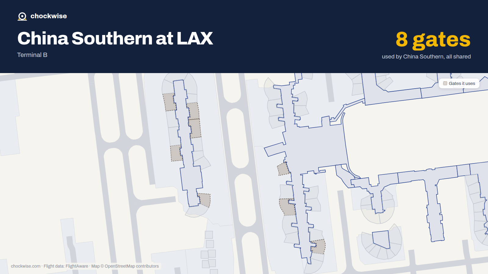 Map of LAX with the gates China Southern uses highlighted: 148, 152, 157, 202, 205, 207, 208 and 221.