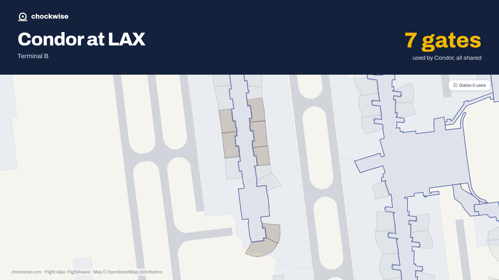 Map of LAX with the gates Condor uses highlighted: 203, 204, 205, 206, 207, 221 and 225.