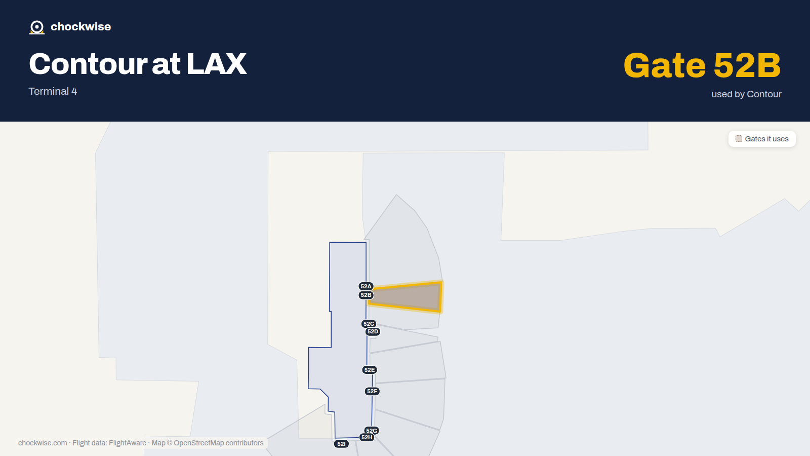 Map of LAX with the gates Contour Airlines uses highlighted: 52B.