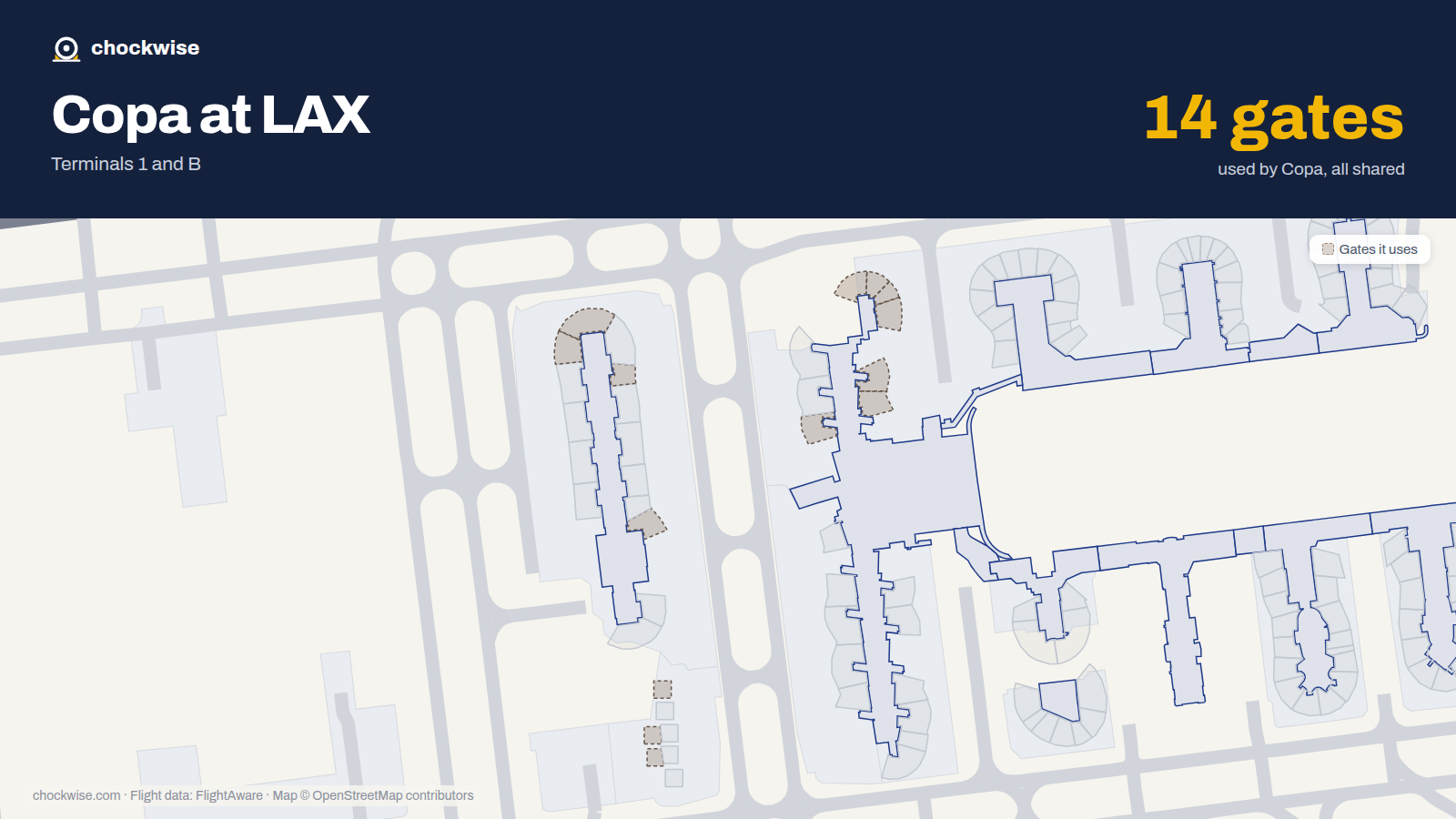 Map of LAX with the gates Copa Airlines uses highlighted: 130, 131, 133, 135, 137, 139, 141, 201A and 7 more.