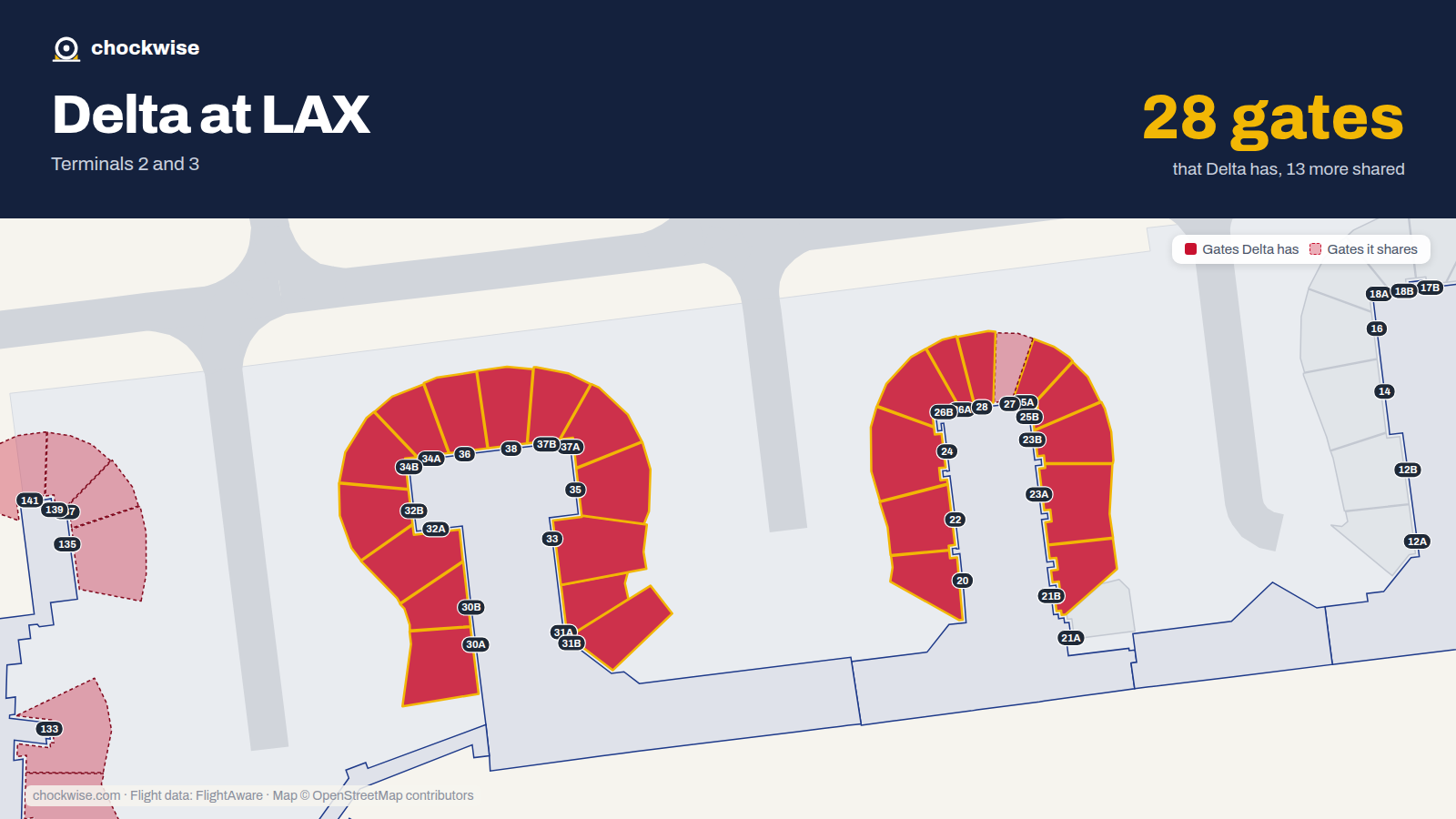 Map of LAX with the gates Delta Air Lines uses highlighted: 20, 21B, 22, 23A, 23B, 24, 25A, 25B and 17 more.