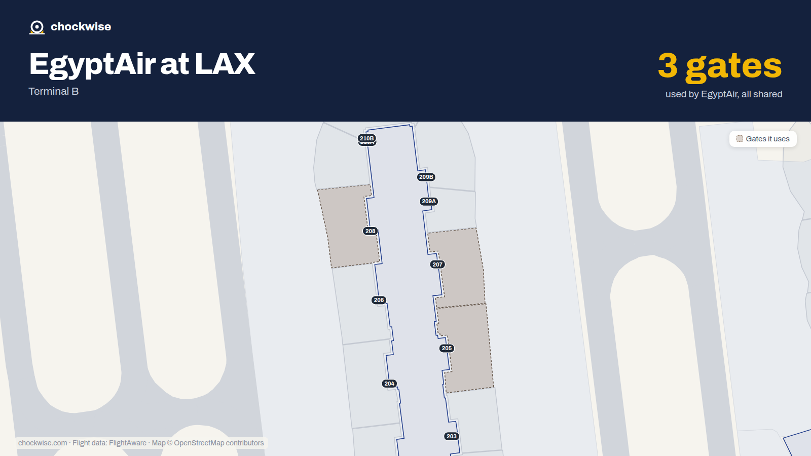 Map of LAX with the gates EgyptAir uses highlighted: 205, 207 and 208.