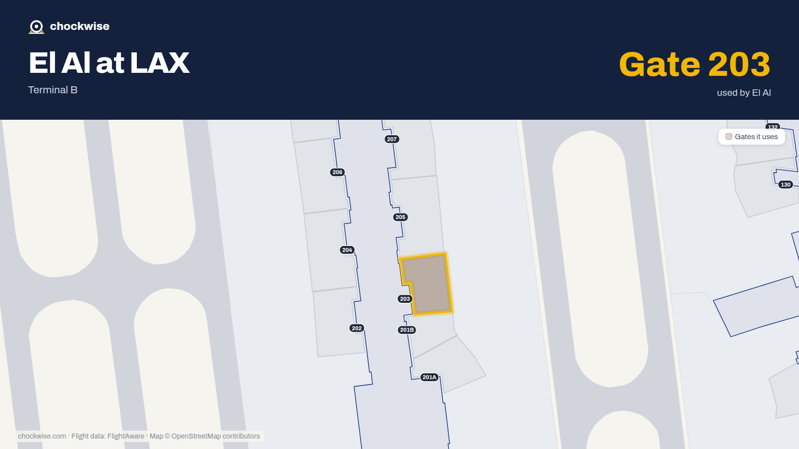 Map of LAX with the gates El Al uses highlighted: 203.