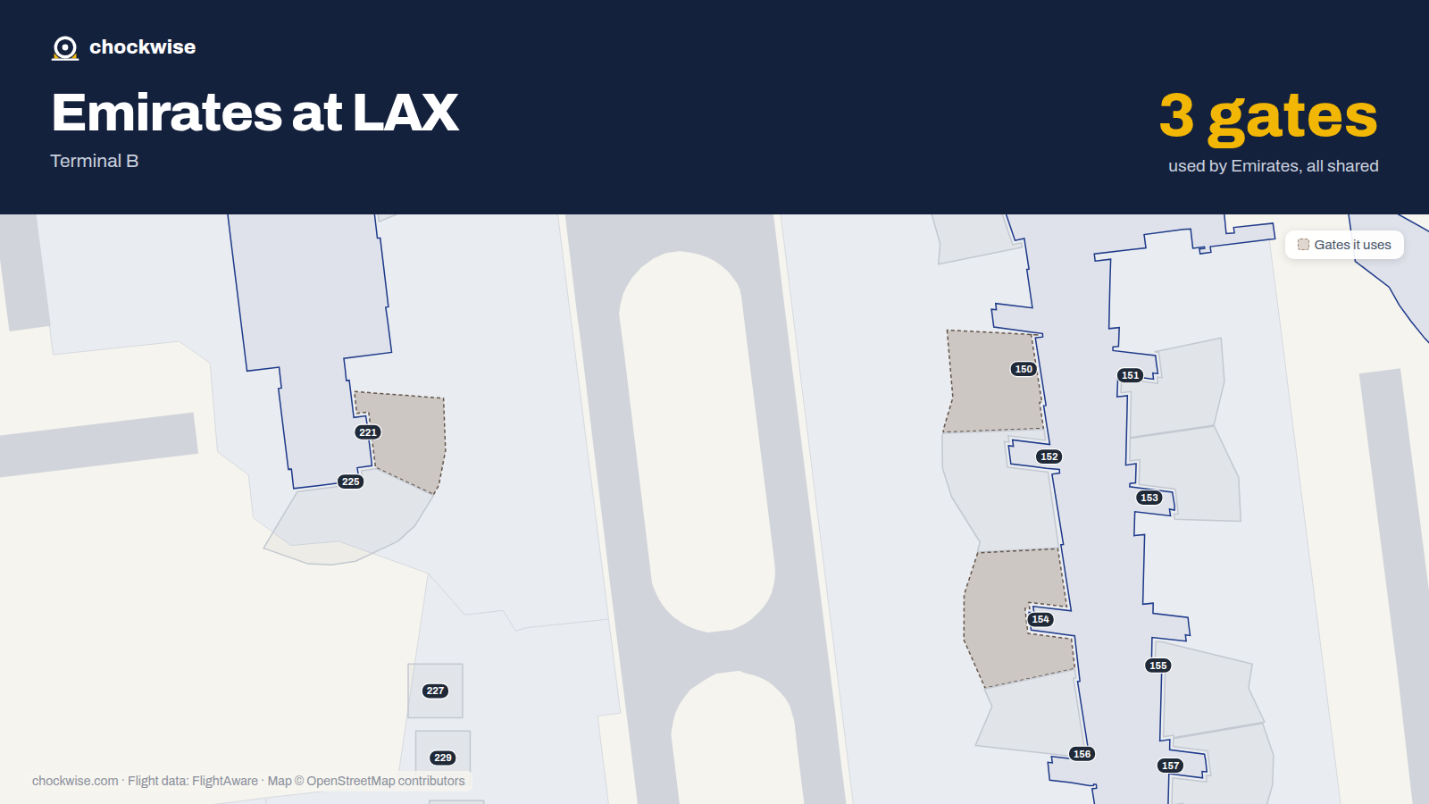 Map of LAX with the gates Emirates uses highlighted: 150, 154 and 221.