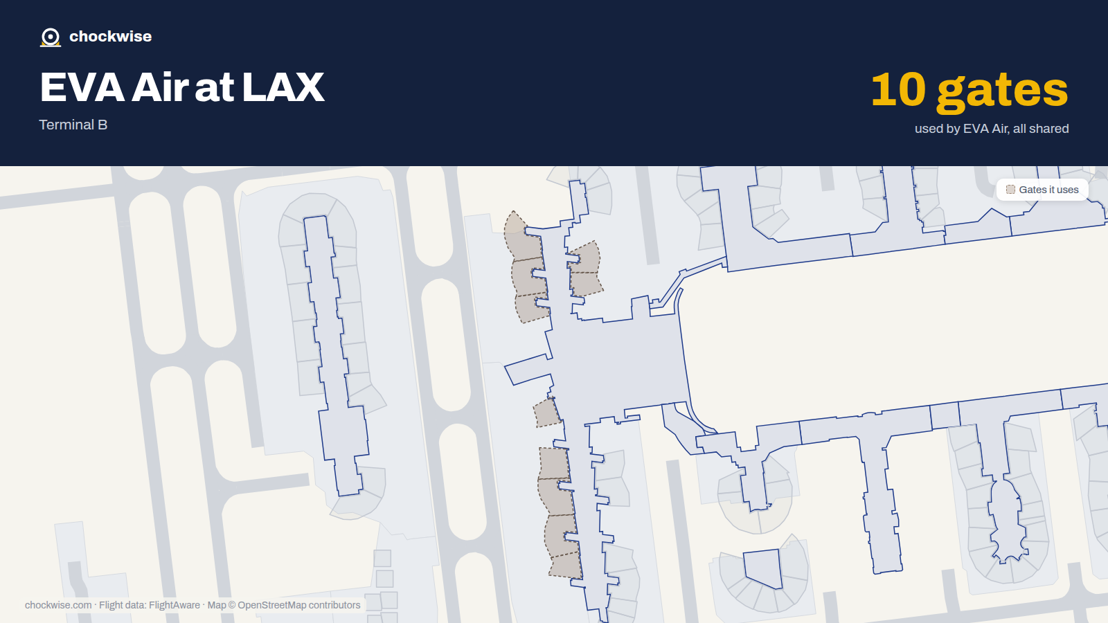 Map of LAX with the gates EVA Air uses highlighted: 130, 131, 132, 133, 134, 148, 150, 152 and 2 more.