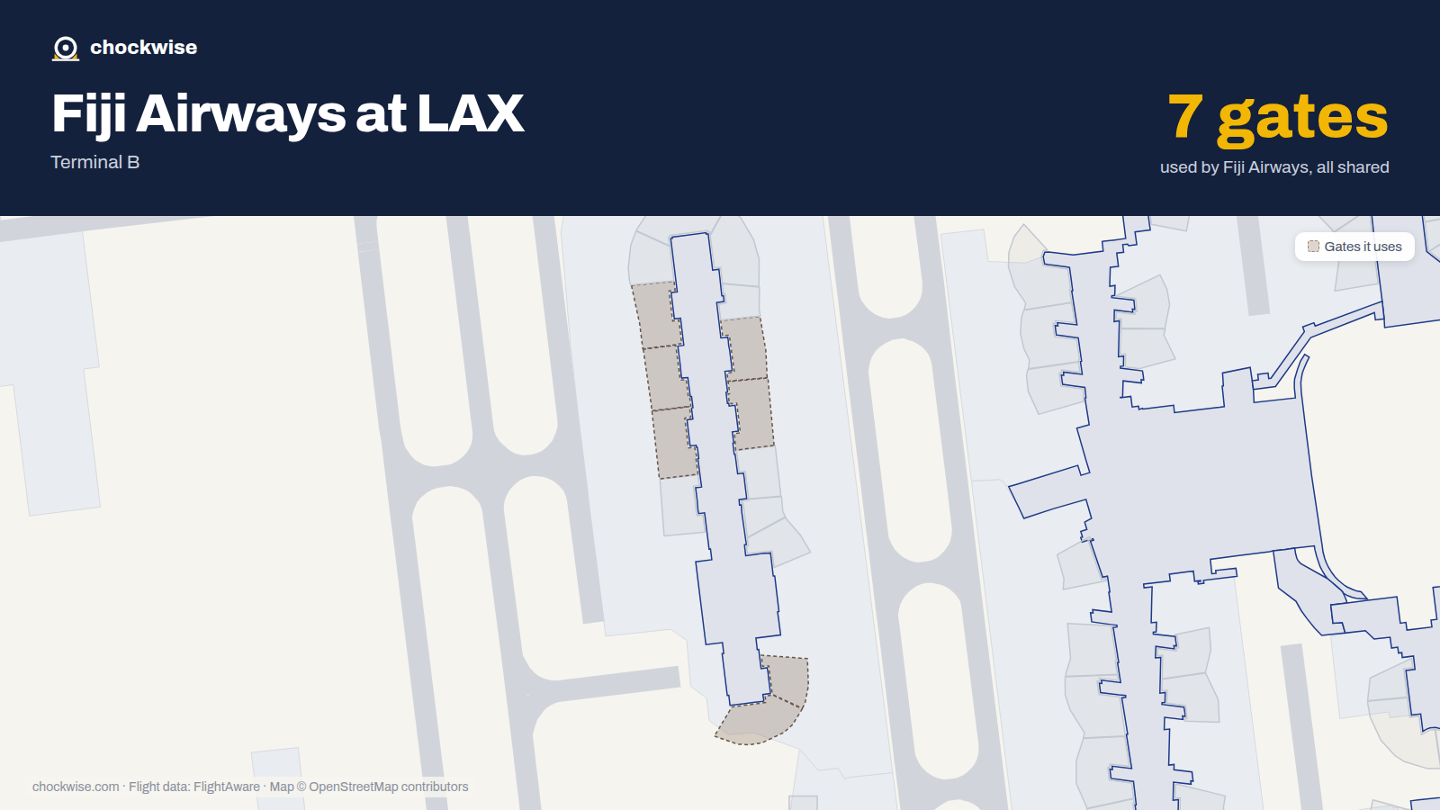 Map of LAX with the gates Fiji Airways uses highlighted: 204, 205, 206, 207, 208, 221 and 225.