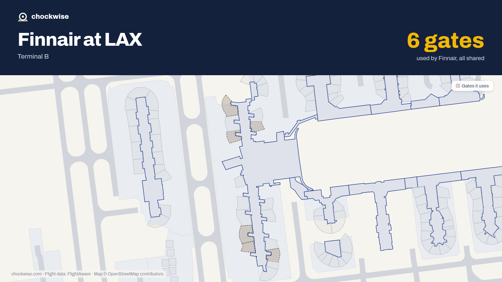 Map of LAX with the gates Finnair uses highlighted: 130, 131, 134, 154, 156 and 157.