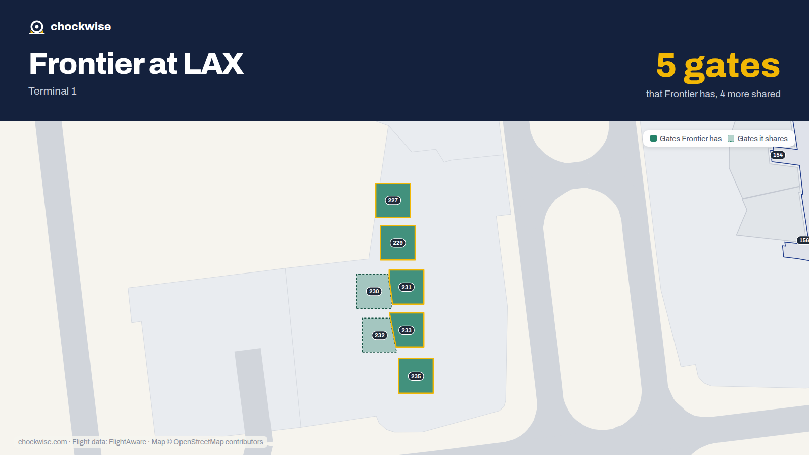 Map of LAX with the gates Frontier Airlines uses highlighted: 227, 229, 231, 233 and 235.