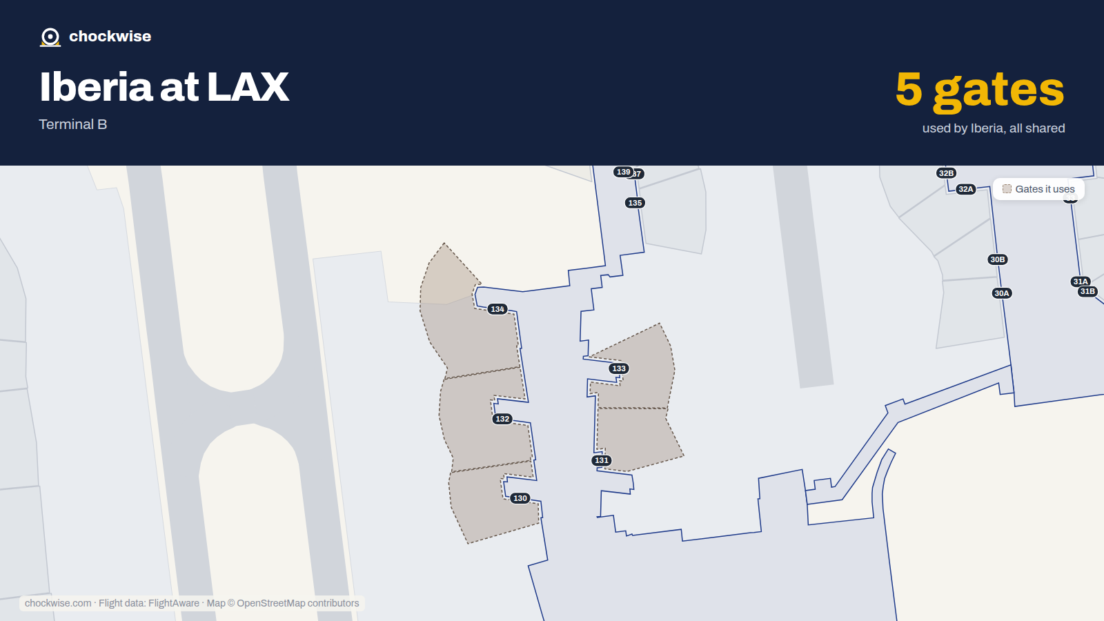 Map of LAX with the gates Iberia uses highlighted: 130, 131, 132, 133 and 134.
