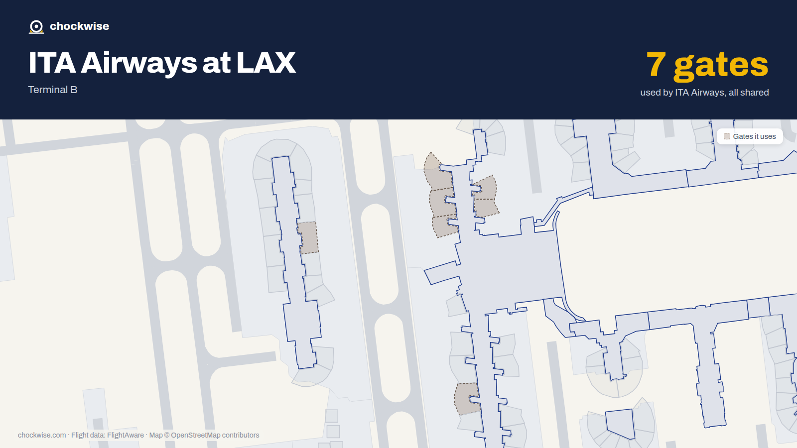 Map of LAX with the gates ITA Airways uses highlighted: 130, 131, 132, 133, 134, 154 and 205.