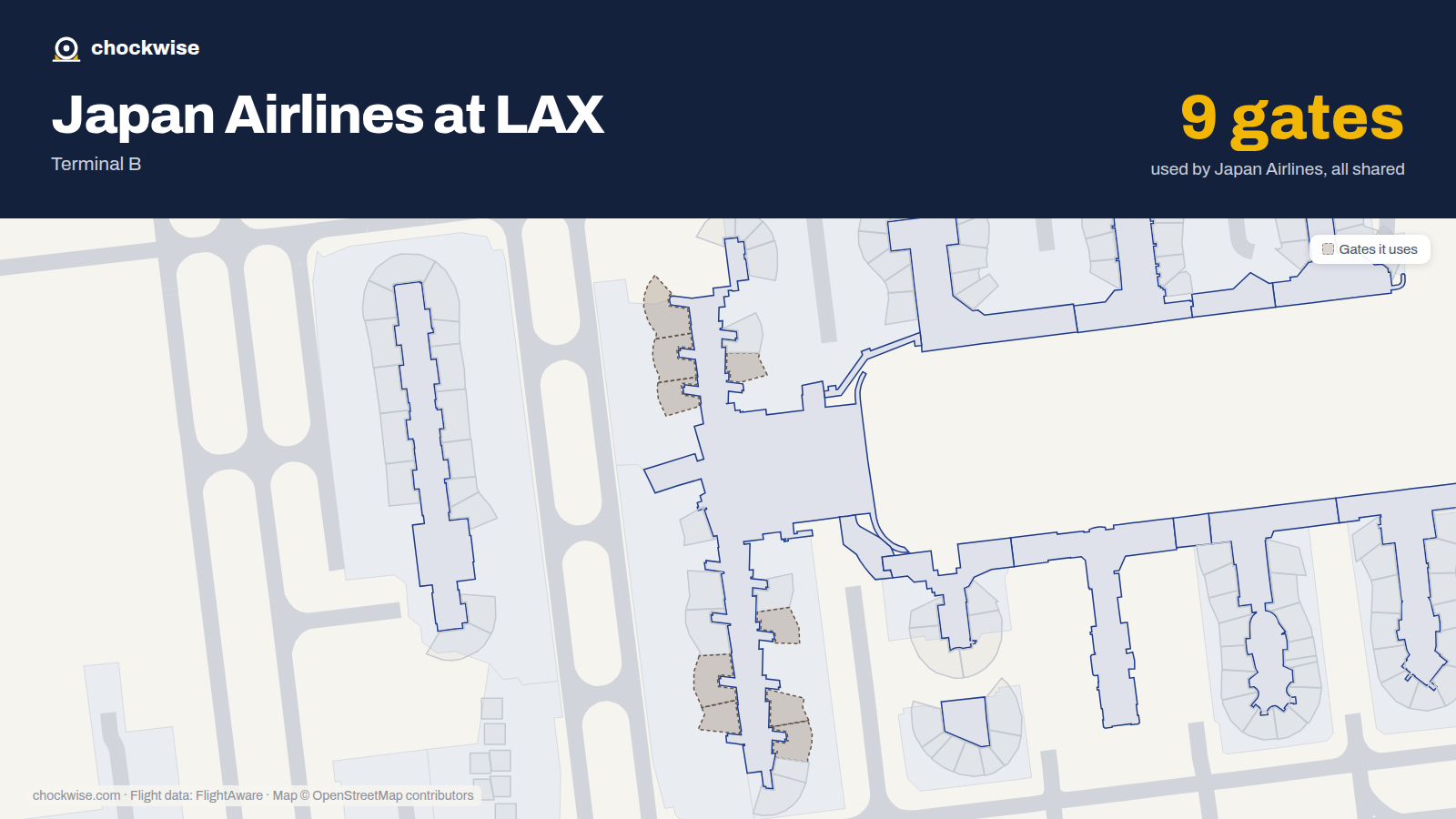 Map of LAX with the gates Japan Airlines uses highlighted: 130, 131, 132, 134, 153, 154, 155, 156 and 1 more.