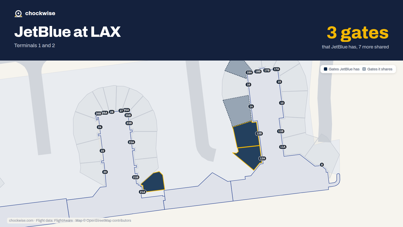 Map of LAX with the gates JetBlue uses highlighted: 12A, 12B and 21A.