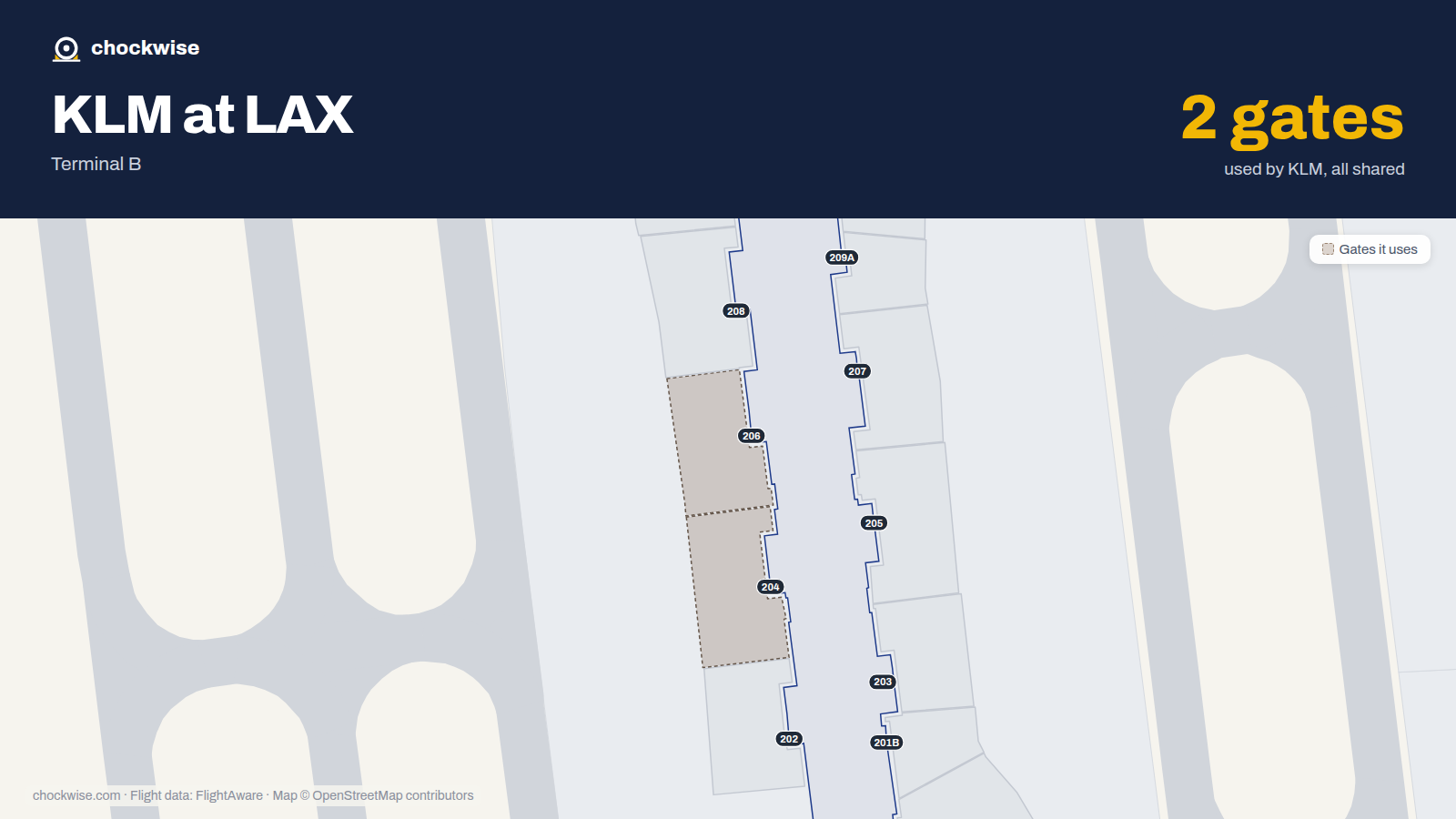 Map of LAX with the gates KLM uses highlighted: 204 and 206.