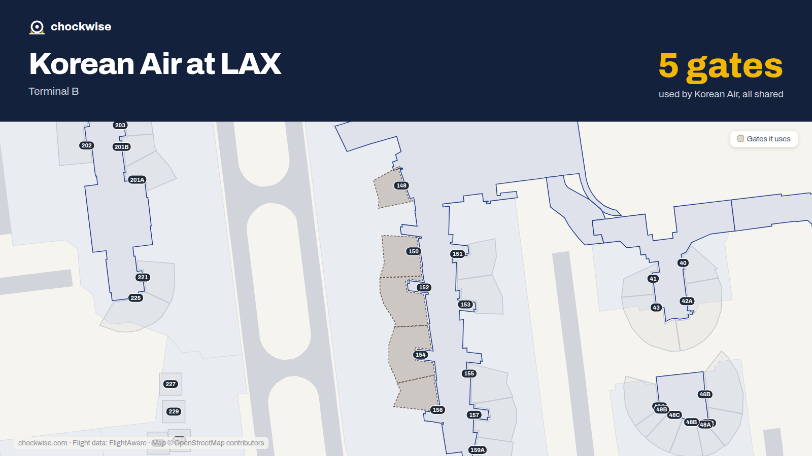 Map of LAX with the gates Korean Air uses highlighted: 148, 150, 152, 154 and 156.