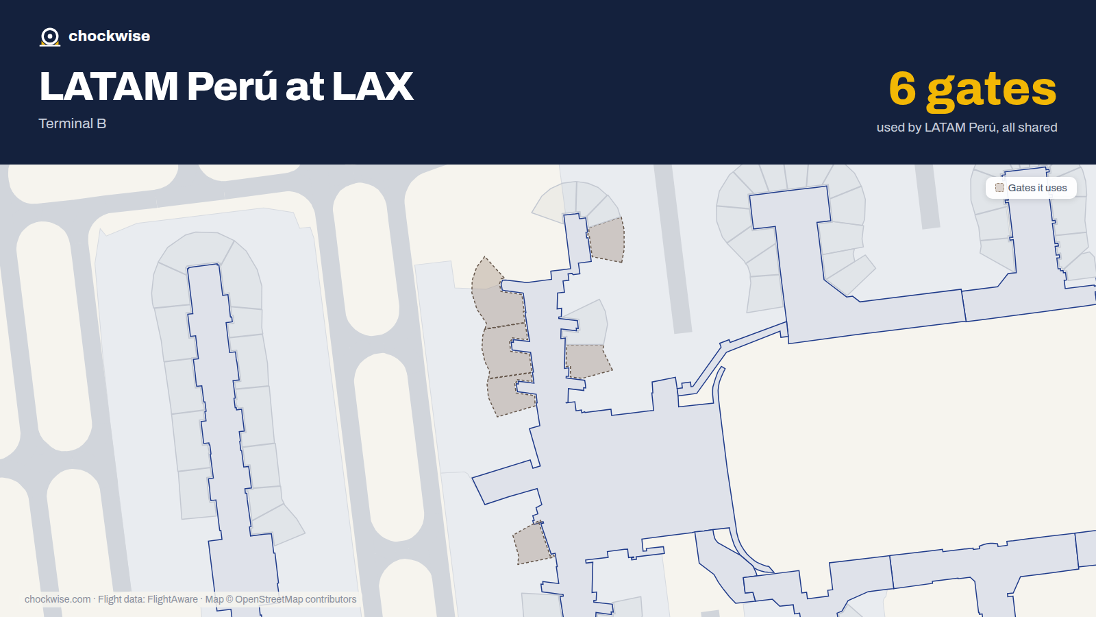 Map of LAX with the gates LATAM Perú uses highlighted: 130, 131, 132, 134, 135 and 148.