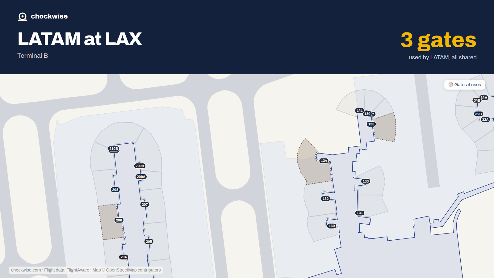 Map of LAX with the gates LATAM Airlines uses highlighted: 134, 135 and 206.