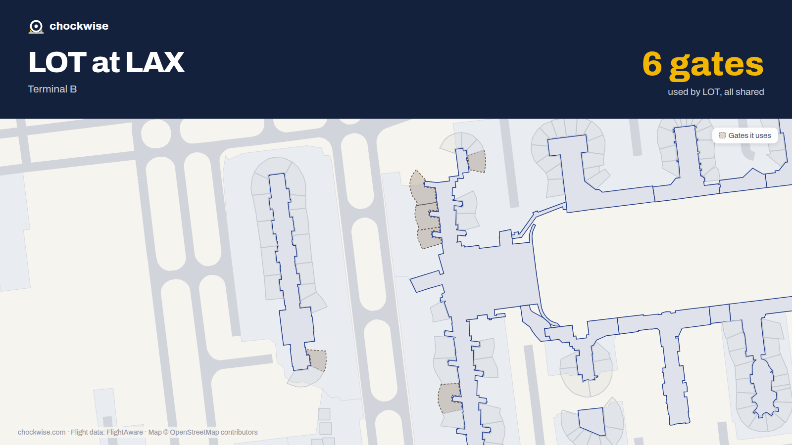 Map of LAX with the gates LOT Polish Airlines uses highlighted: 130, 132, 134, 135, 154 and 221.