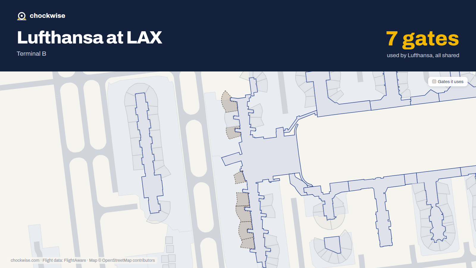 Map of LAX with the gates Lufthansa uses highlighted: 130, 134, 148, 150, 152, 154 and 156.