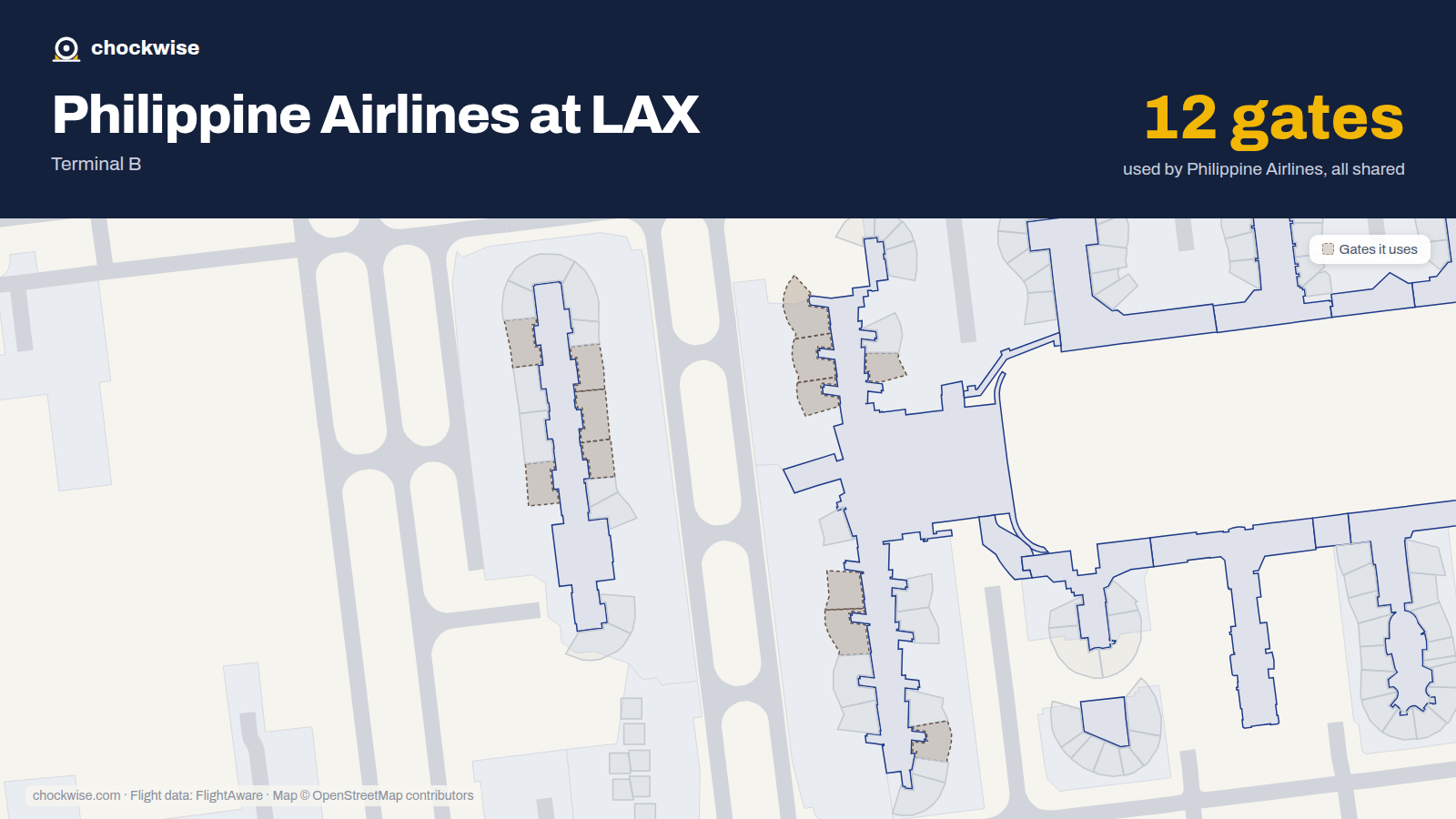 Map of LAX with the gates Philippine Airlines uses highlighted: 130, 131, 132, 134, 150, 152, 157, 202 and 4 more.