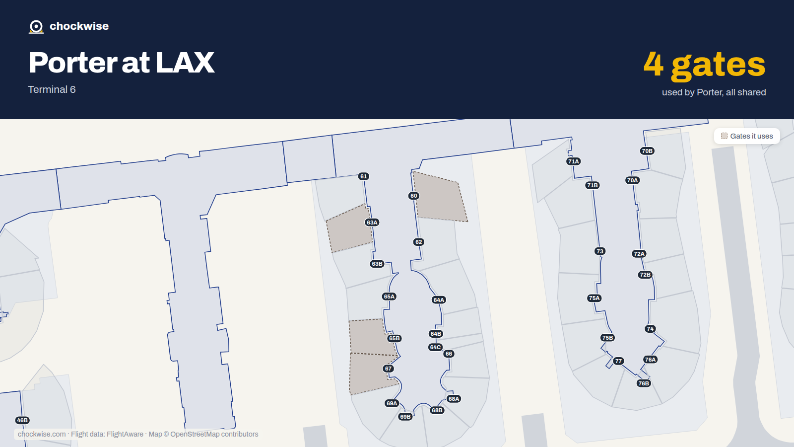 Map of LAX with the gates Porter Airlines uses highlighted: 60, 63A, 65B and 67.