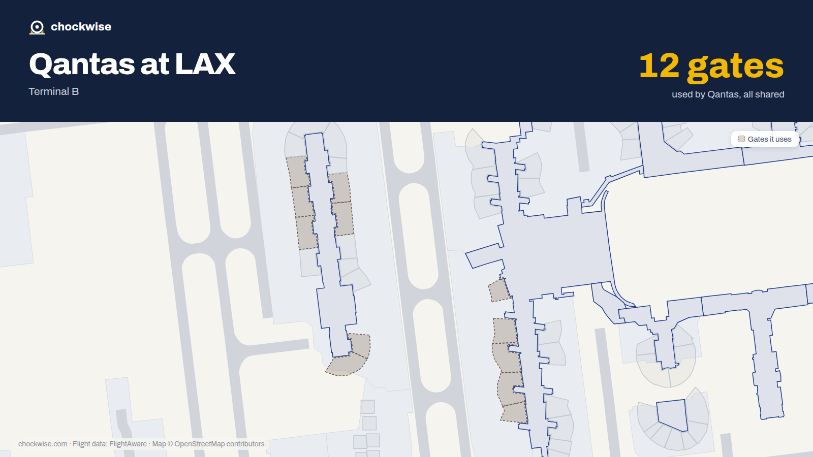Map of LAX with the gates Qantas uses highlighted: 3, 4, 148, 150, 152, 154, 156, 204 and 6 more.