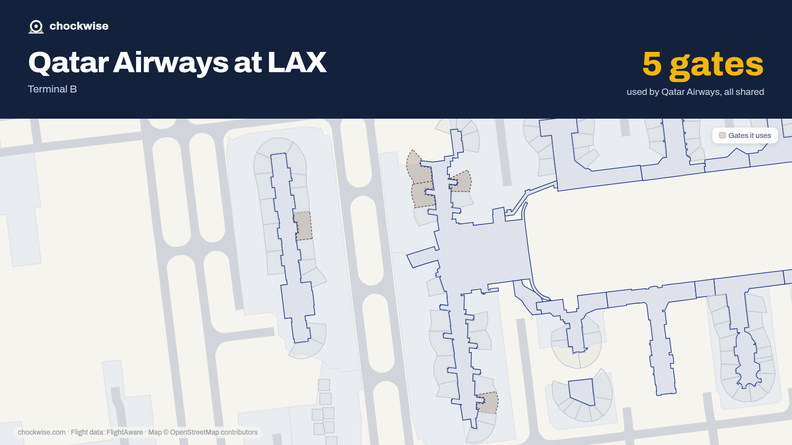 Map of LAX with the gates Qatar Airways uses highlighted: 132, 133, 134, 157 and 205.