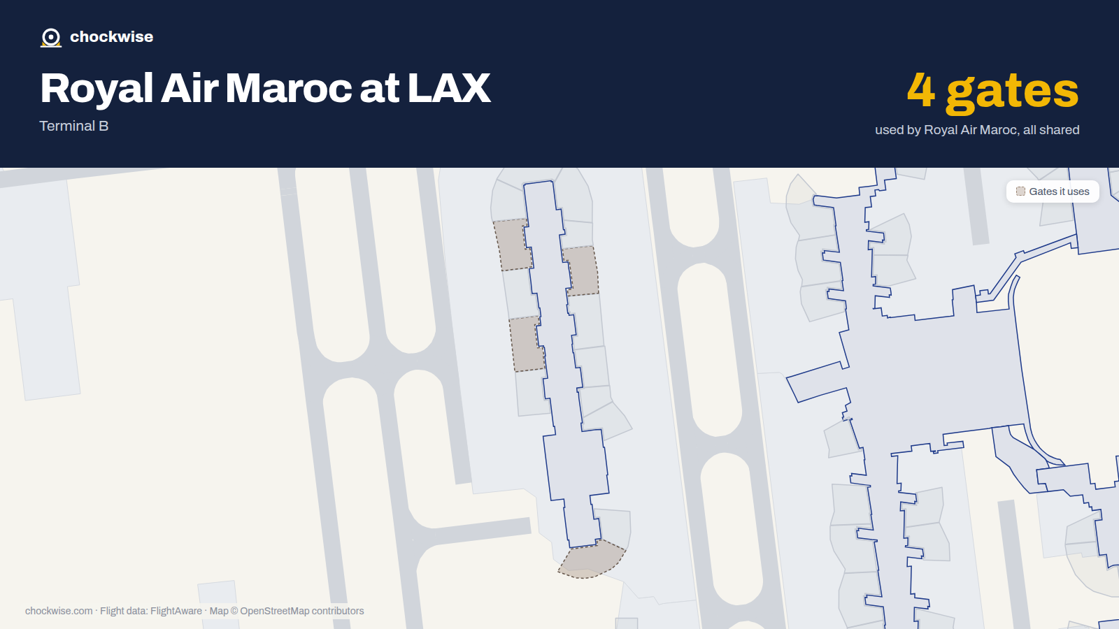 Map of LAX with the gates Royal Air Maroc uses highlighted: 204, 207, 208 and 225.