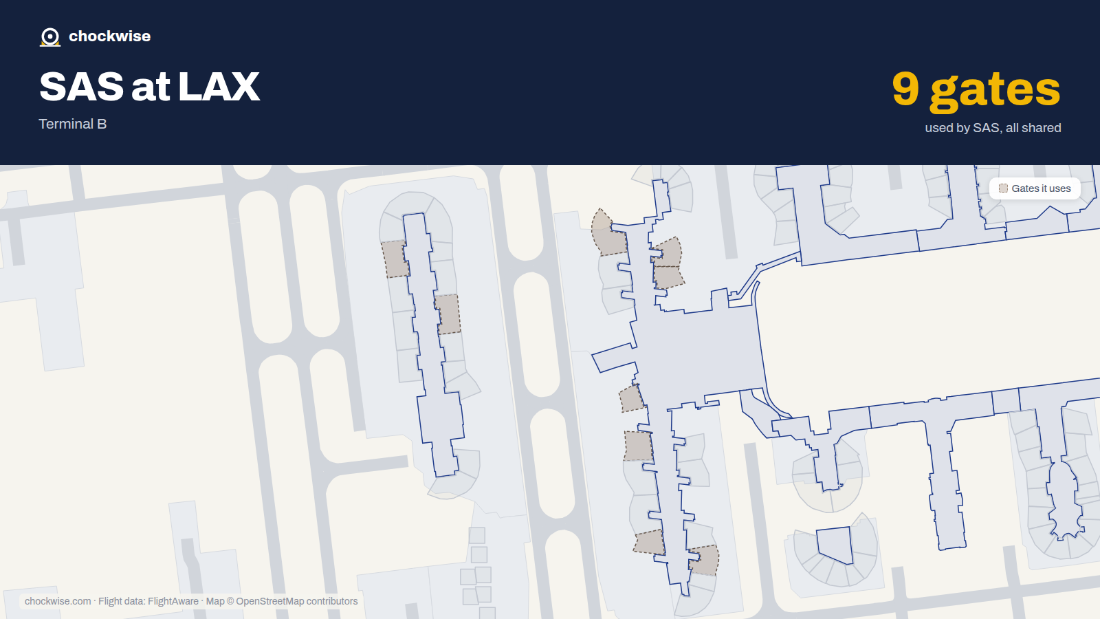 Map of LAX with the gates SAS Scandinavian Airlines uses highlighted: 131, 133, 134, 148, 150, 156, 157, 205 and 1 more.