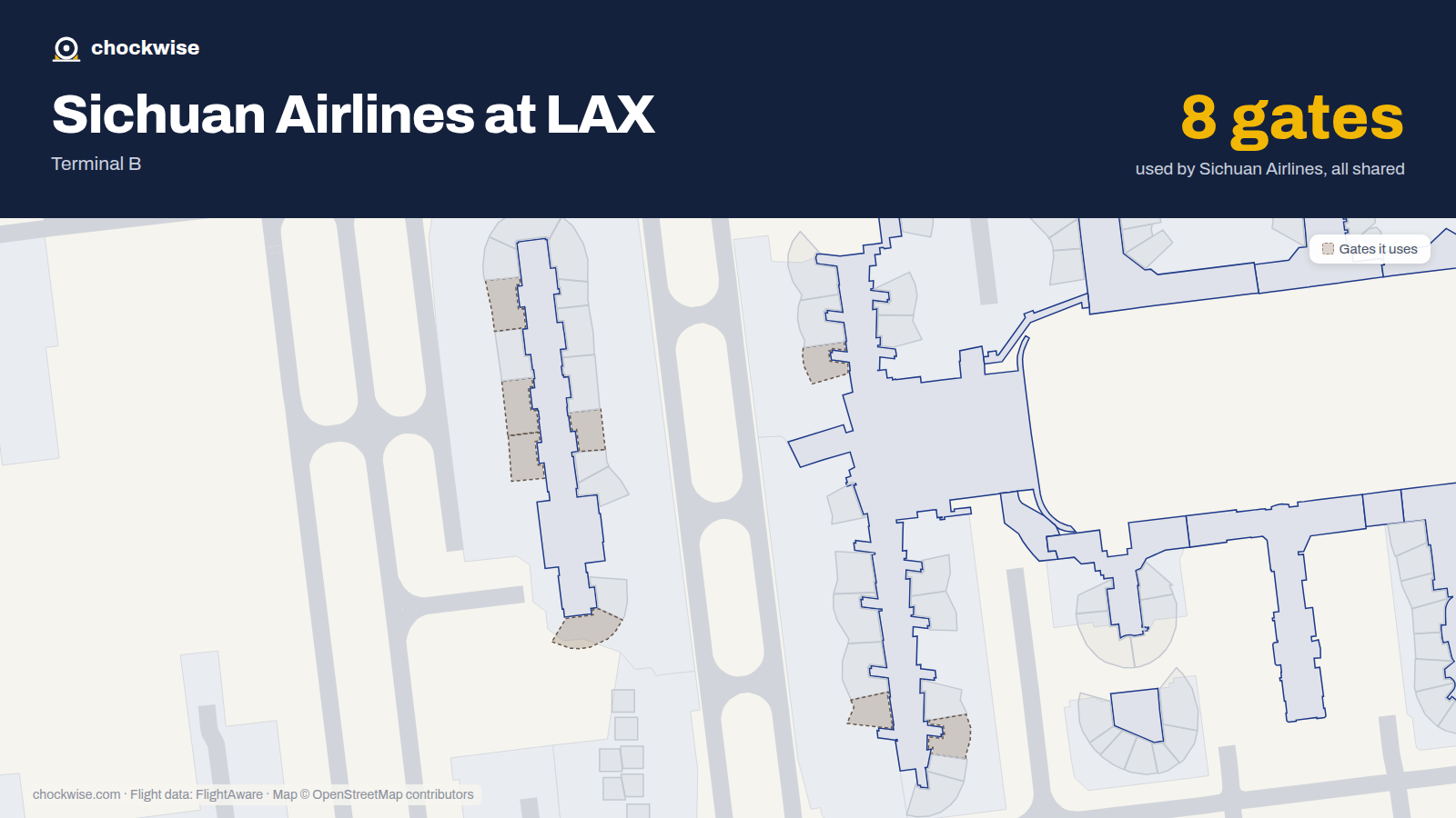 Map of LAX with the gates Sichuan Airlines uses highlighted: 130, 156, 157, 202, 203, 204, 208 and 225.
