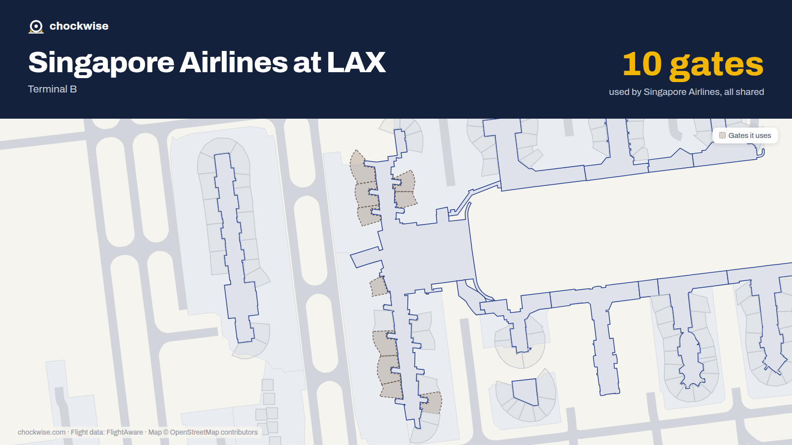 Map of LAX with the gates Singapore Airlines uses highlighted: 130, 131, 132, 133, 134, 148, 152, 154 and 2 more.