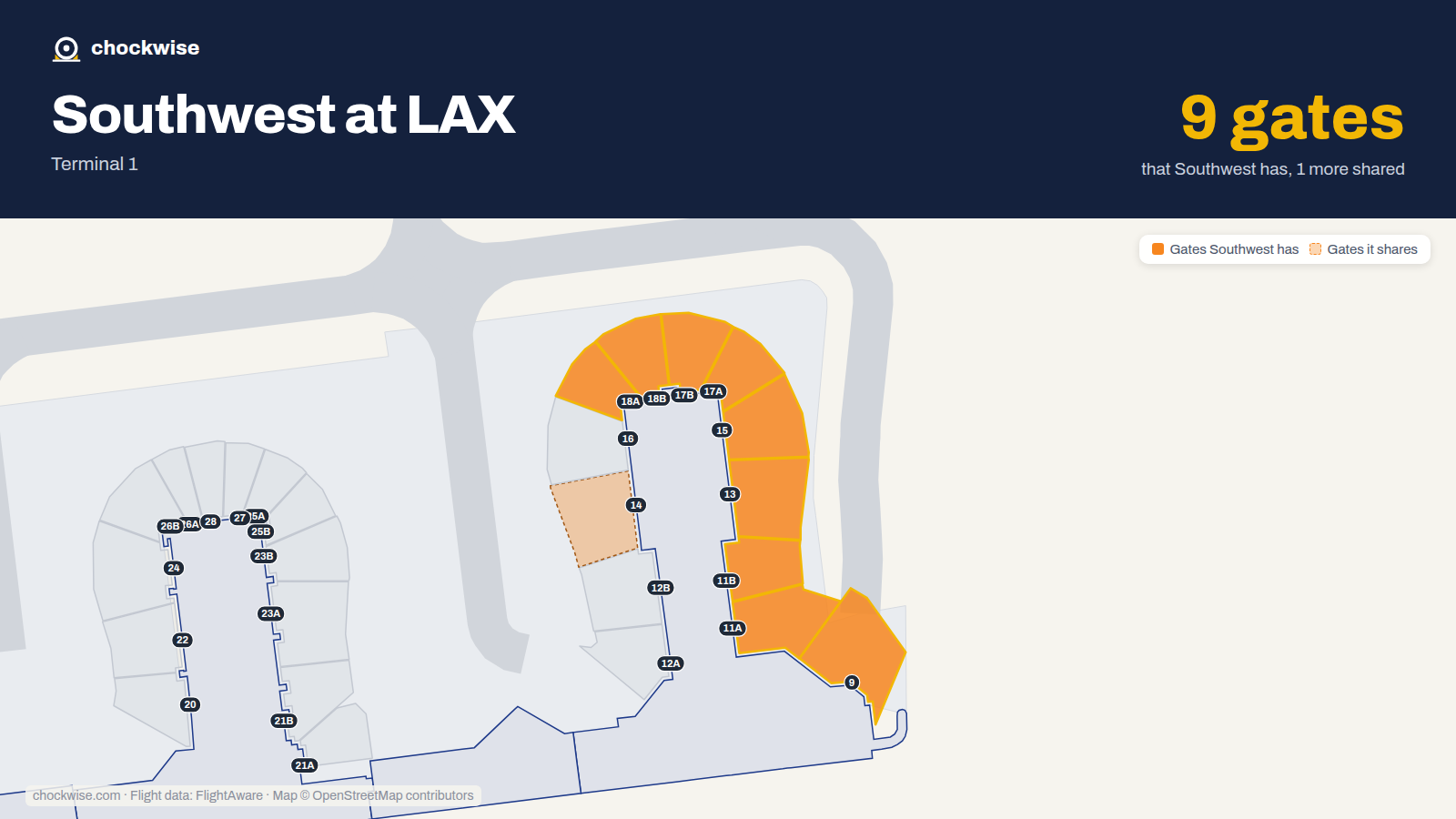 Map of LAX with the gates Southwest Airlines uses highlighted: 9, 11A, 11B, 13, 15, 17A, 17B, 18A and 1 more.