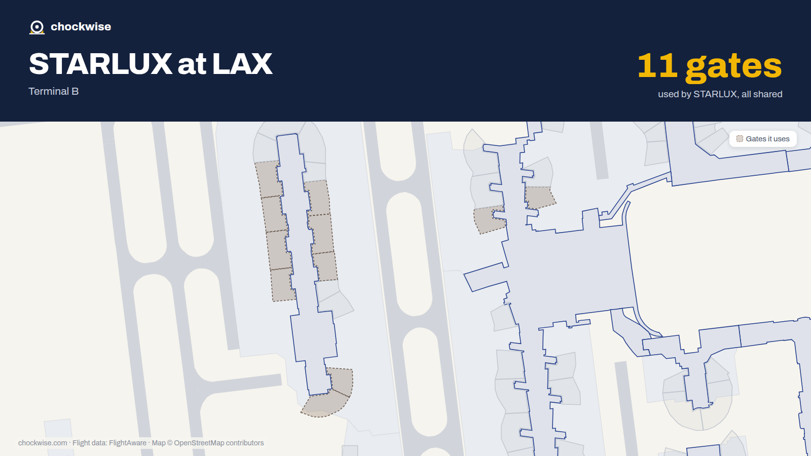 Map of LAX with the gates STARLUX Airlines uses highlighted: 130, 131, 202, 203, 204, 205, 206, 207 and 3 more.