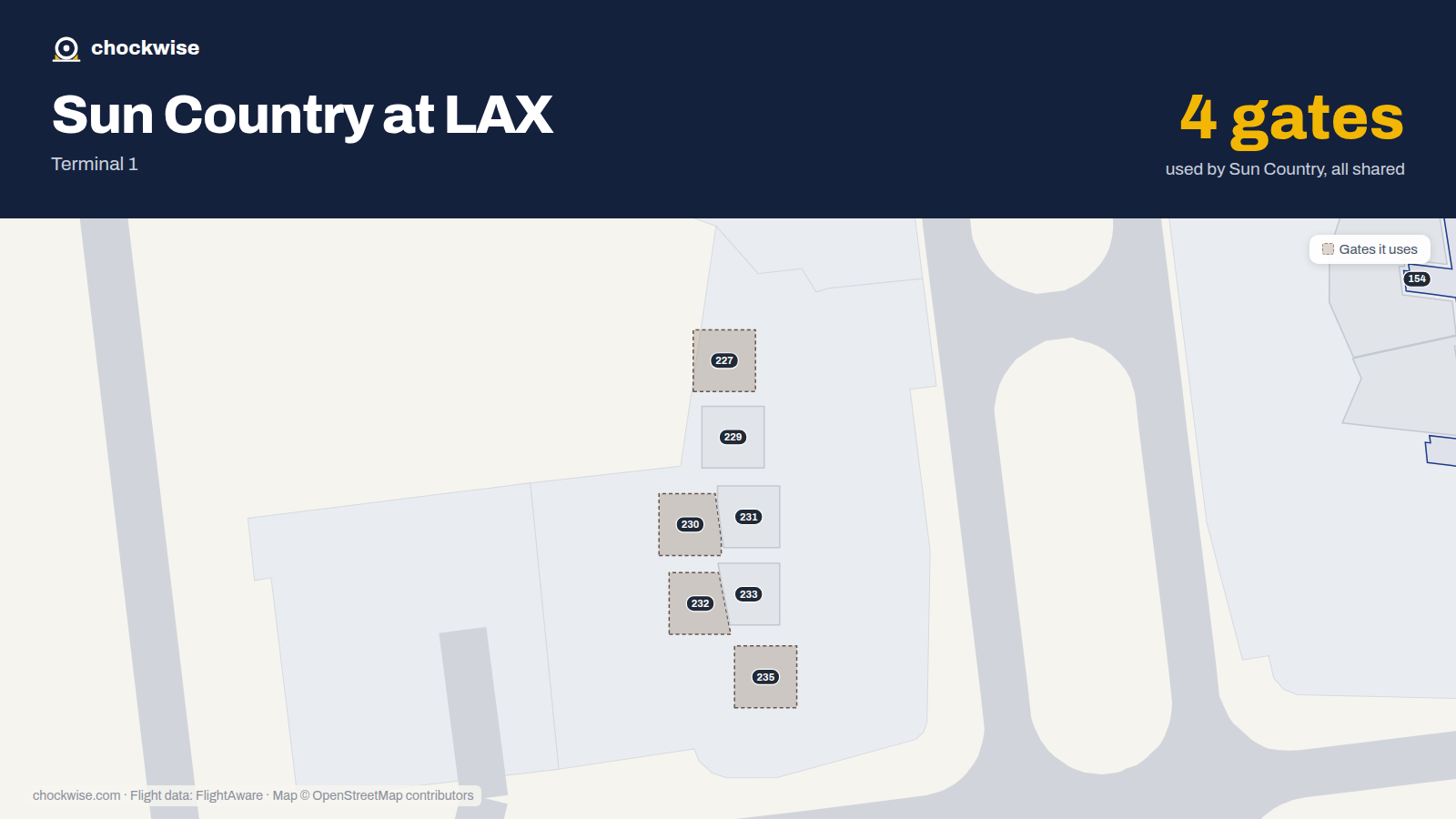 Map of LAX with the gates Sun Country Airlines uses highlighted: 227, 230, 232, 234 and 235.