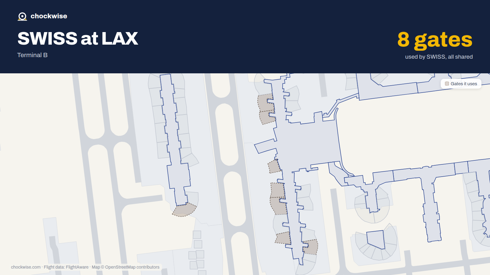 Map of LAX with the gates SWISS uses highlighted: 130, 132, 148, 150, 152, 156, 157 and 225.