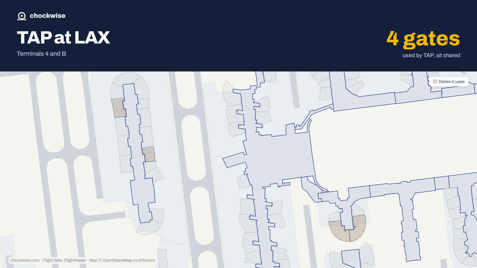 Map of LAX with the gates TAP Air Portugal uses highlighted: 42A, 43, 46A, 203 and 208.