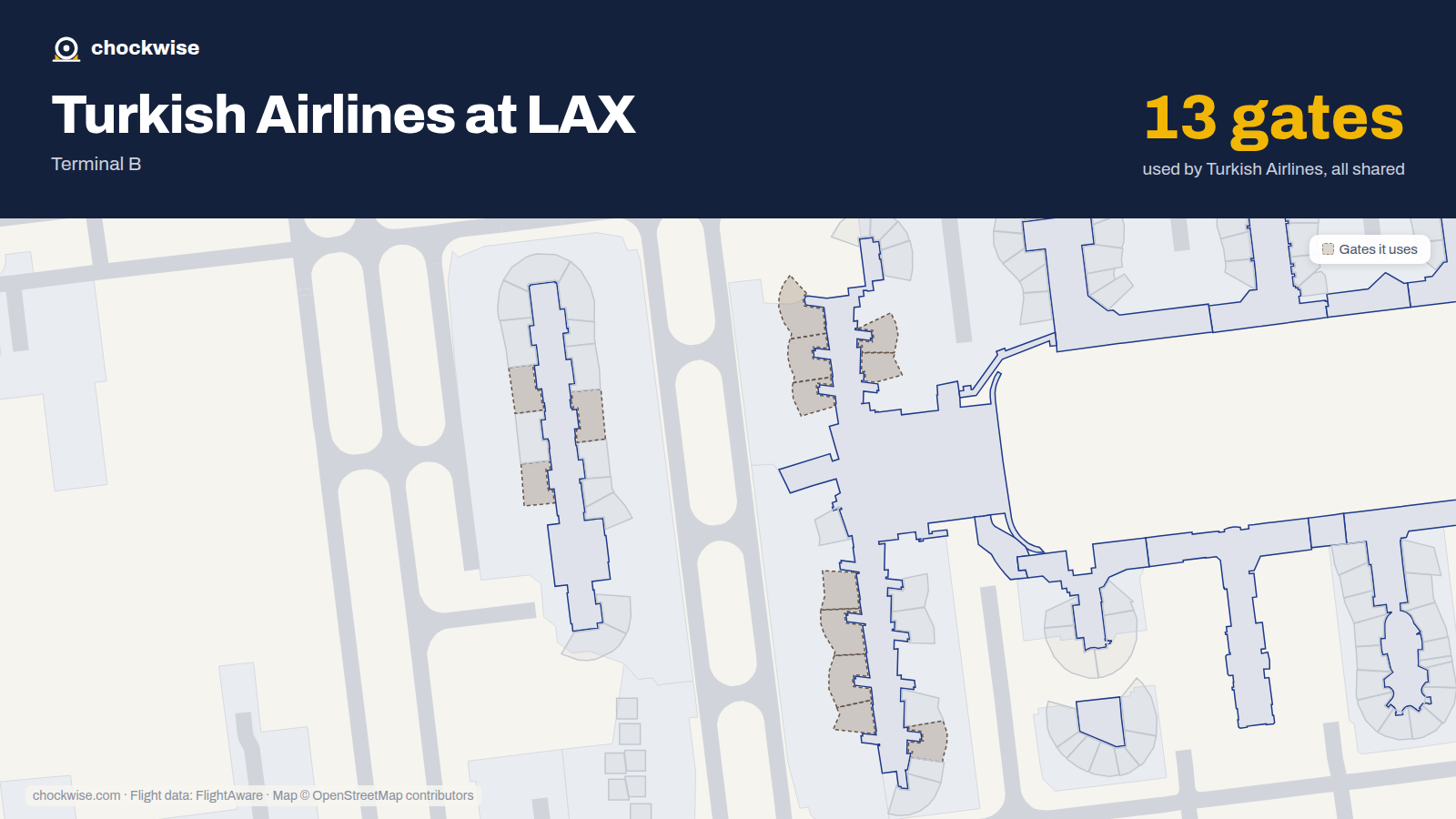 Map of LAX with the gates Turkish Airlines uses highlighted: 130, 131, 132, 133, 134, 150, 152, 154 and 5 more.