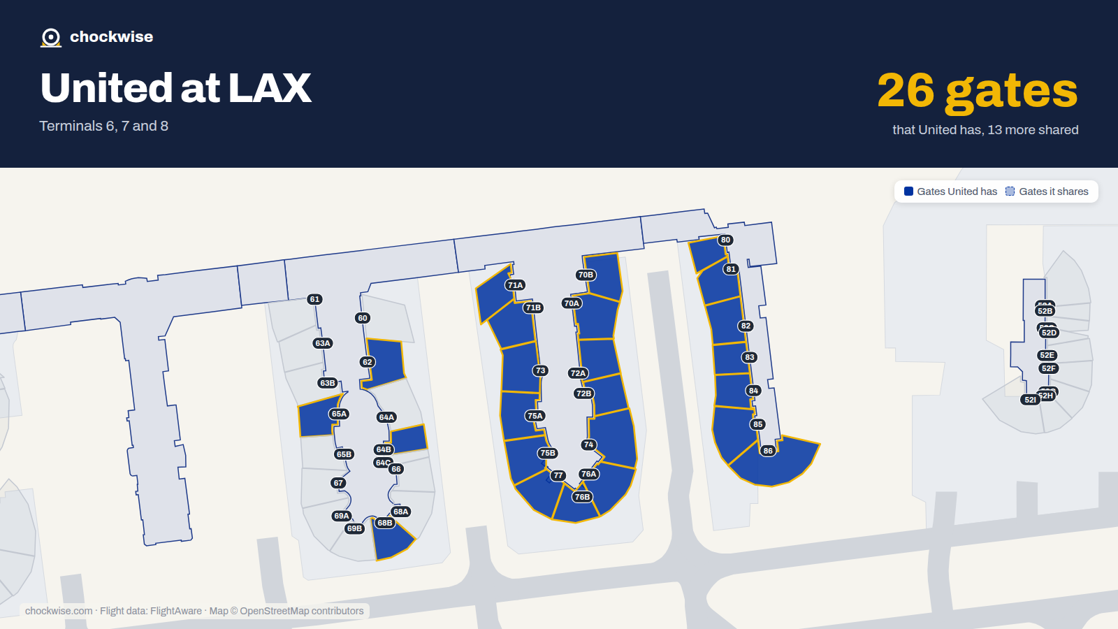 Map of LAX with the gates United Airlines uses highlighted: 62, 64B, 65A, 68B, 70A, 70B, 71A, 71B and 16 more.